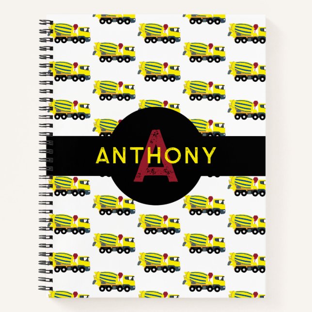 Concrete Cement Truck Construction Kids Monogram Notebook (Front)