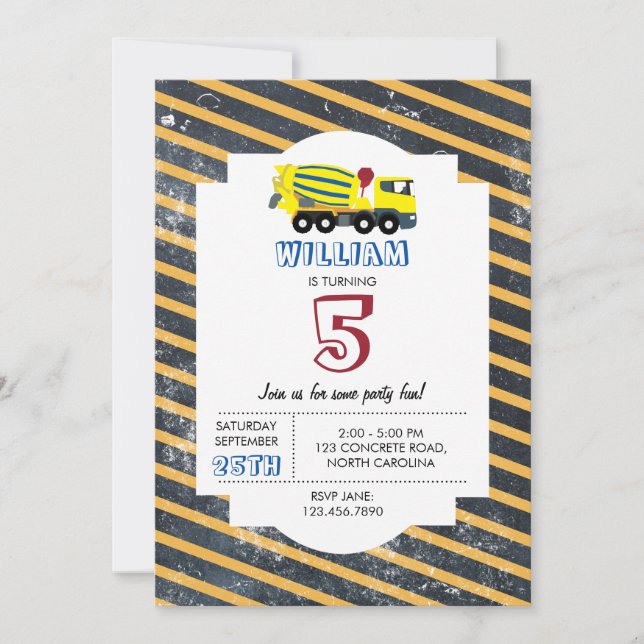 Concrete Cement Truck Construction Trucks Birthday Invitation (Front)