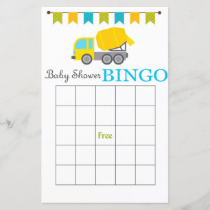 Concrete mixer baby shower bingo card
