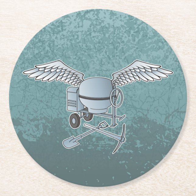 Concrete mixer blue-grey round paper coaster (Front)