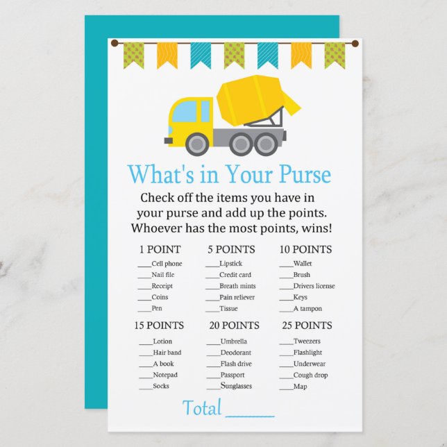 Concrete mixer What's in your purse game baby show (Front/Back)