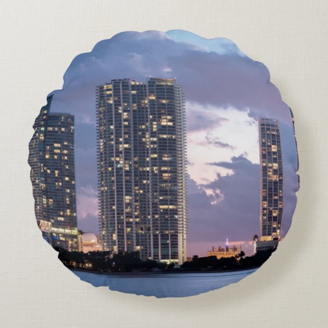 Condominium towers at the waterfront in Miami Round Pillow (Front)