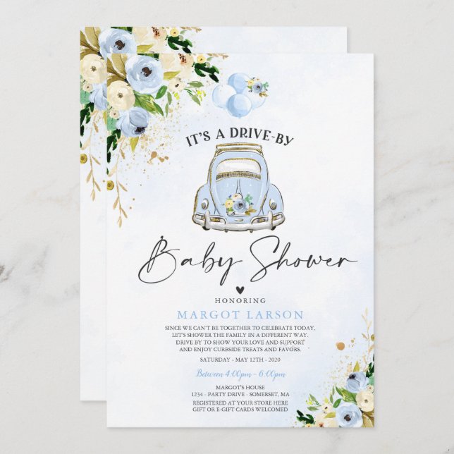 Conduire par Baby shower Invitation Blue Floral (Devant / Derrière)
