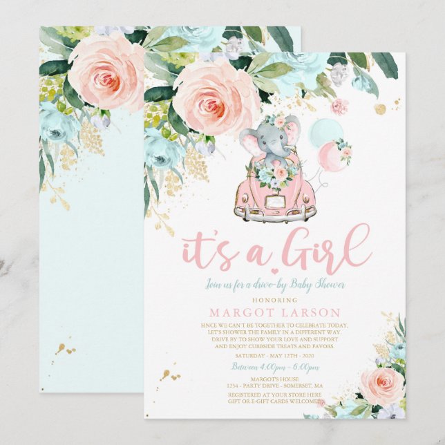 Conduite éléphante par Baby shower Invitation Rose (Devant / Derrière)