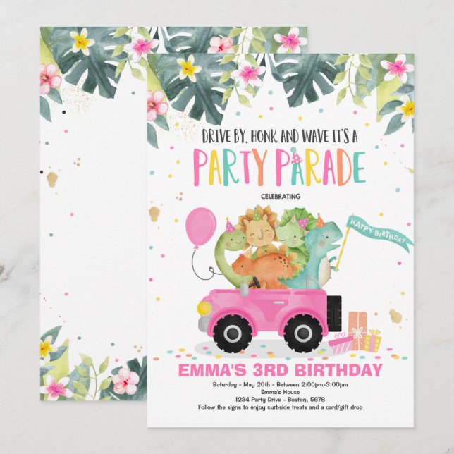 Conduite Par Anniversaire Parade Invitation Dinosa (Devant / Derrière)