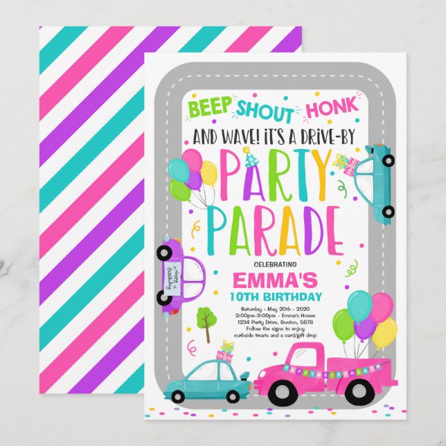 Conduite Par Anniversaire Parade Invitation Pink P (Devant / Derrière)