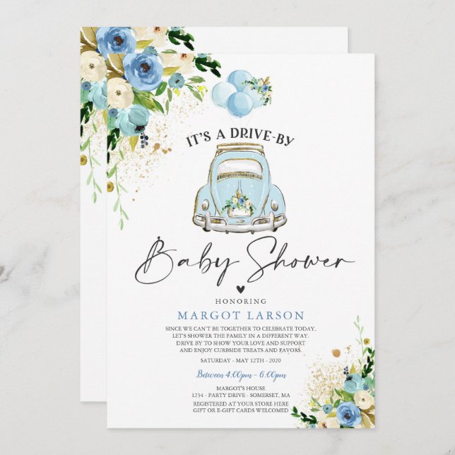 Conduite par Baby shower Invitation Douche Florale (Devant / Derrière)