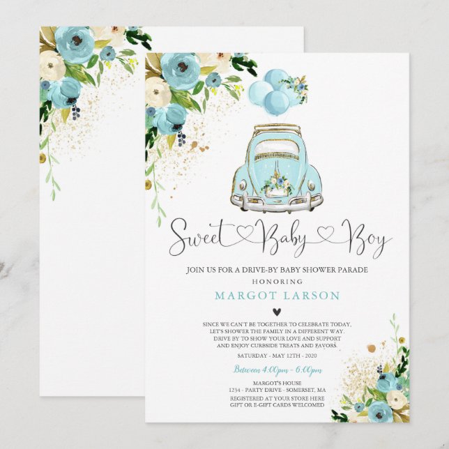 Conduite Par Baby shower Invitation Mint Floral Do (Devant / Derrière)