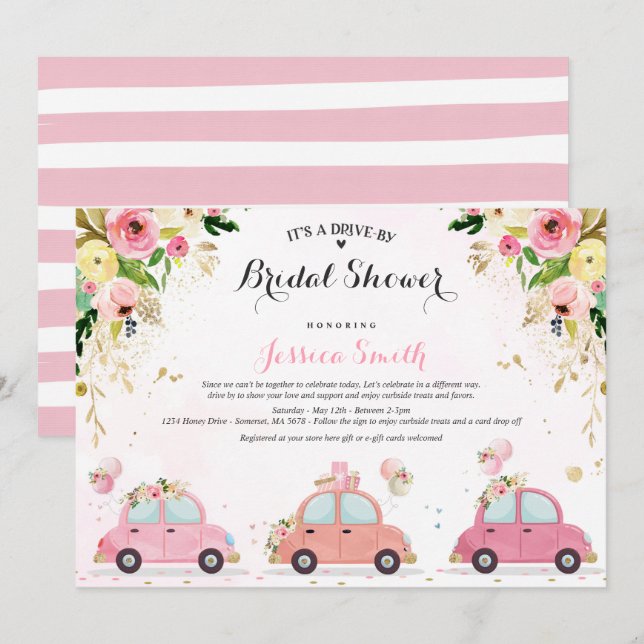 Conduite par la douche nuptiale Invitation rose Fl (Devant / Derrière)