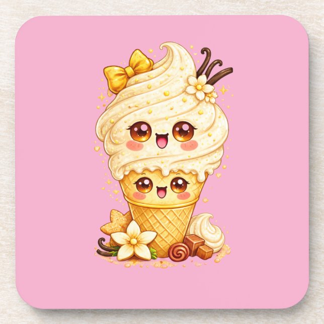 Cône de Glace Vanille Kawaii Dessous de Verre (Devant)