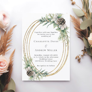 Cone pine greenery gold frame wedding invitation
