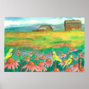 Coneflower Field Meadowlarks On Fence Poster
