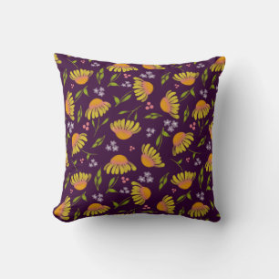 Coneflower Jubilee Yellow Floral on Wine Throw Pillow