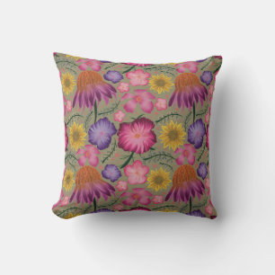 Coneflower Sage Green Floral Pattern Throw Pillow