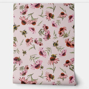 Coneflowers Echinacea Bees Pattern Wallpaper