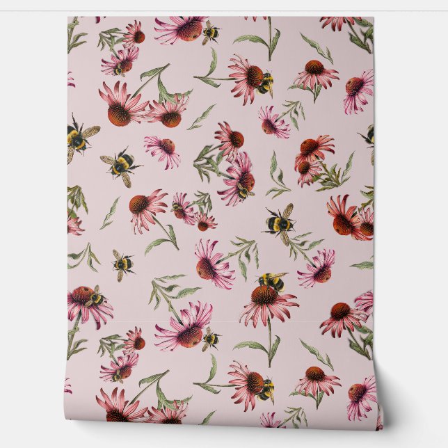 Coneflowers Echinacea Bees Pattern Wallpaper (Unrolling)