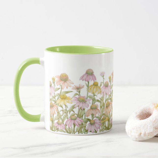Coneflowers Floral Botanical Art Watercolor Mug (With Donut)