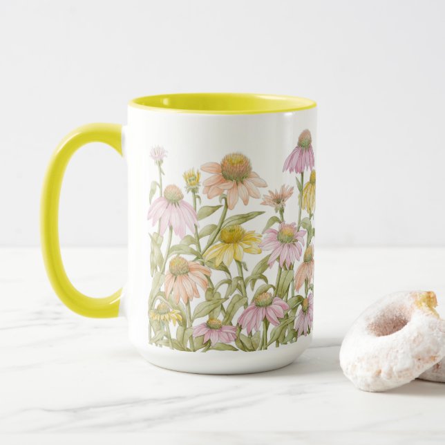 Coneflowers Floral Botanical Art Watercolor Mug (With Donut)