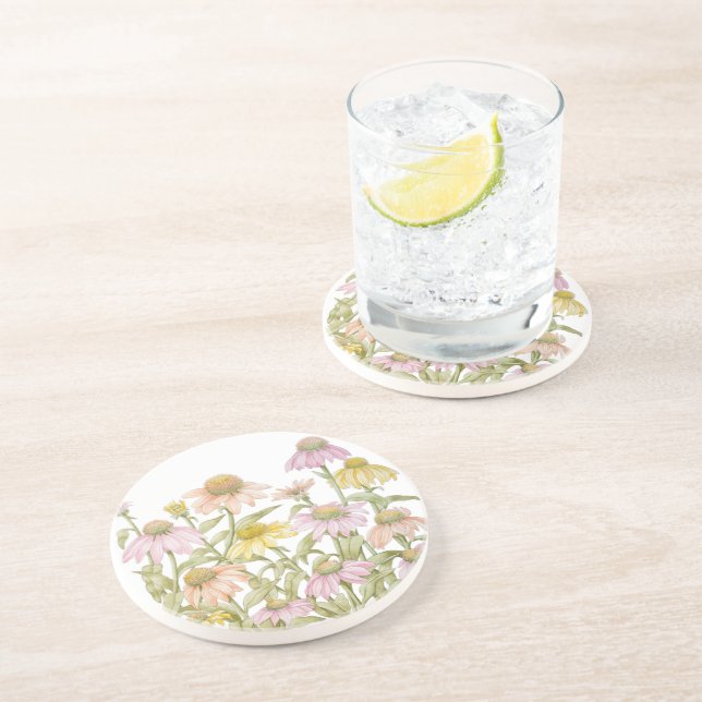 Coneflowers Watercolor Botanical Art Coaster (Side)