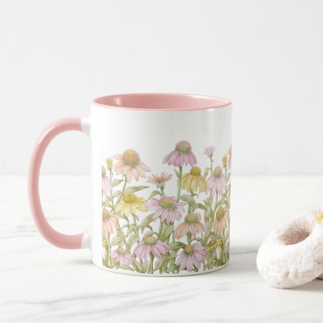 Coneflowers Watercolor Botanical Art Mug (With Donut)