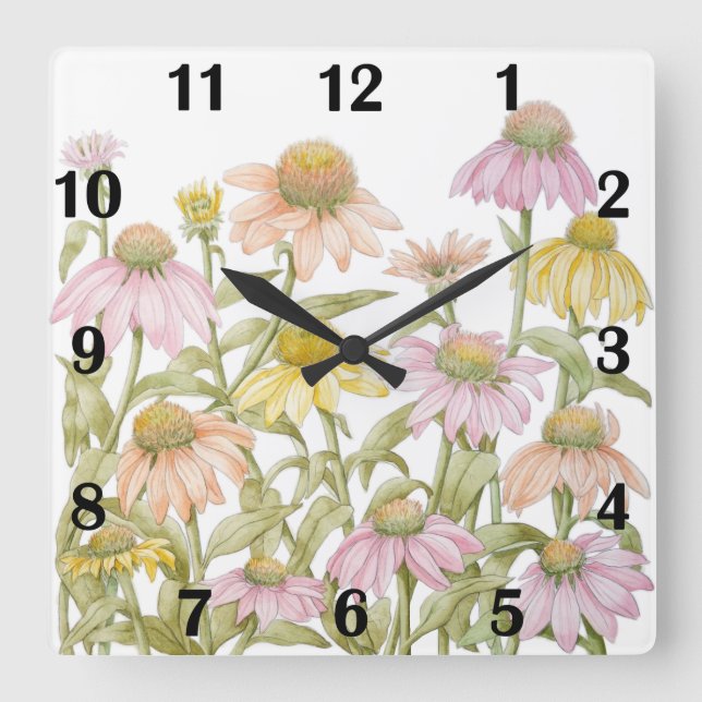 Coneflowers Watercolor Botanical Art Square Wall Clock (Front)