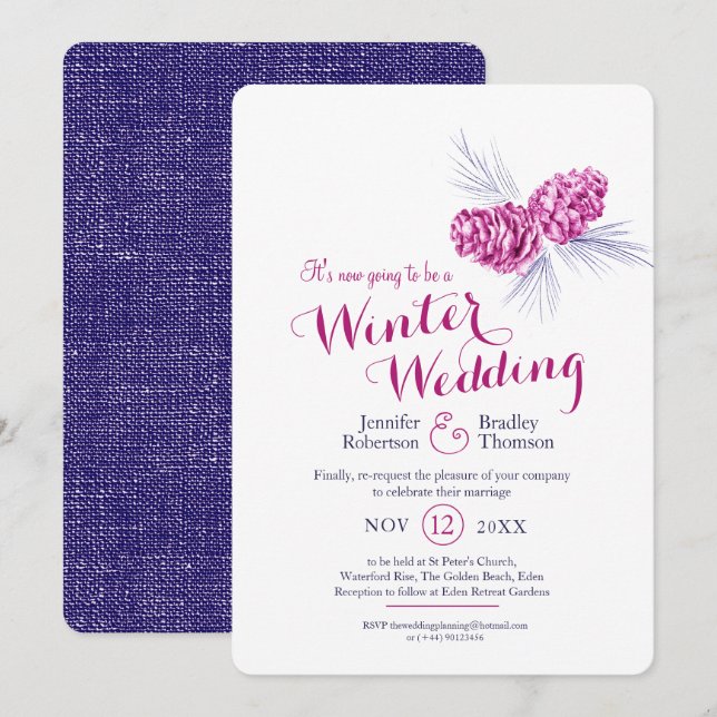 Cones art blue plum winter wedding re-scheduled invitation (Front/Back)