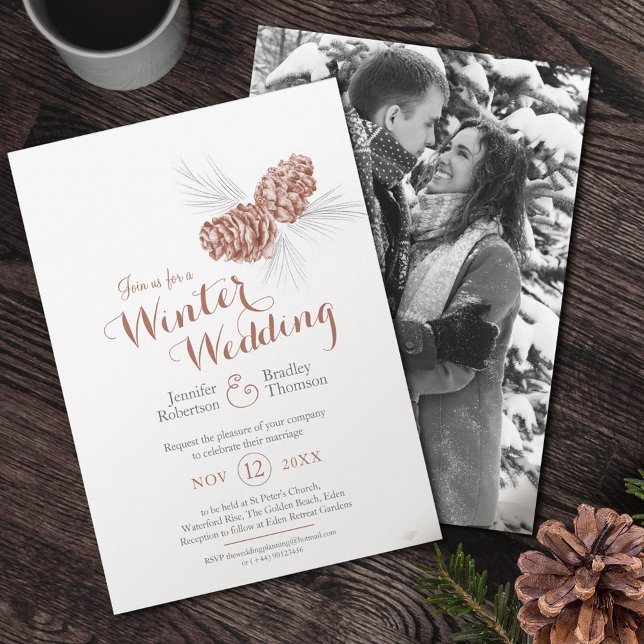Cones art brown grey winter wedding photo invitation (Creator Uploaded)