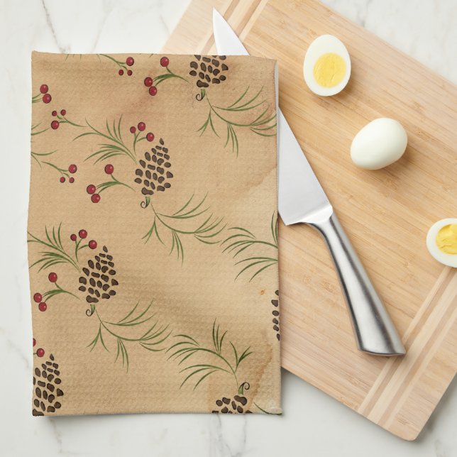 Cônes de pin et serviettes de cuisine de houx (Quart Plié)