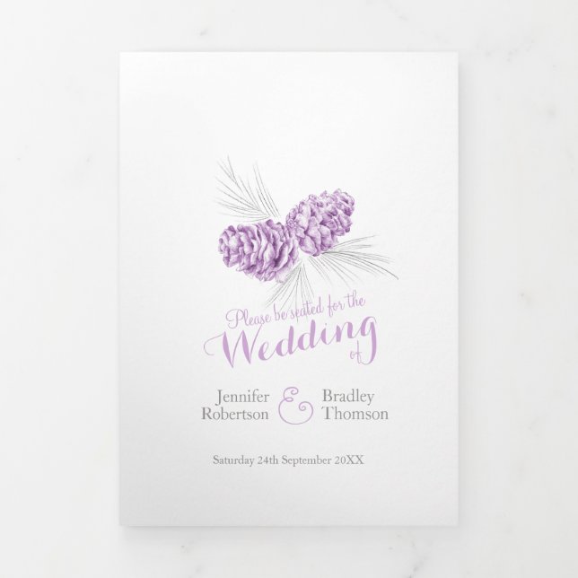 Cones purple grey winter autumn wedding Tri-Fold programme (Cover)
