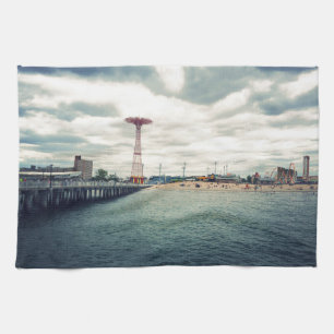 Coney Island Beach Panorama Kitchen Towel