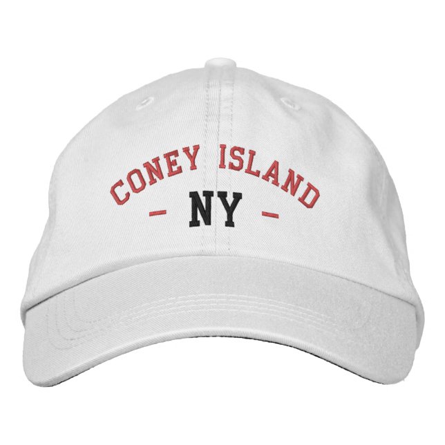 CONEY ISLAND NY Preppy Red Black on White Embroidered Hat (Front)