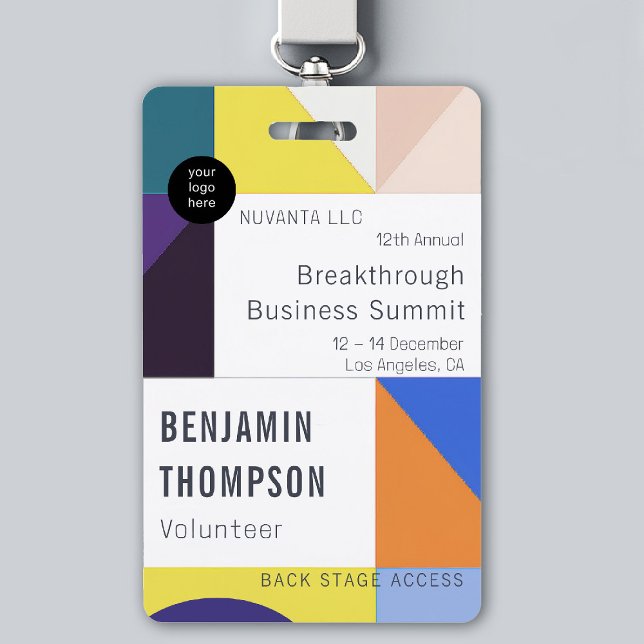 Conference Business Corporate Event Geometric Name Badge (event badge template business corporate conference design modern professional colorful happy brand)