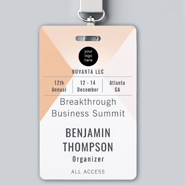 Conference Business Corporate Event Orange ID Name Badge (event badge template business corporate conference geometric design modern professional orange)