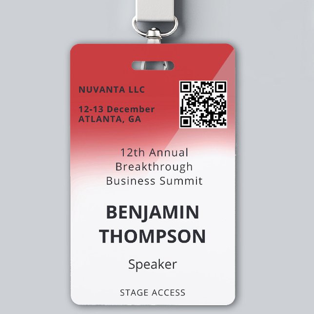 Conference Corporate Business Event Bold Red QR Badge (event badge template business corporate conference design modern professional branding bold red qr)