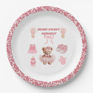 CONFETT PINK WHITE ROUND 9" BEAR GIRL BABY SHOWER PAPER PLATE