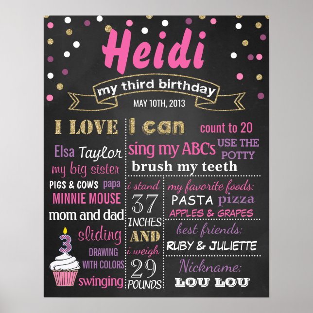 Confetti 3rd Birthday Party chalkboard sign poster (Front)