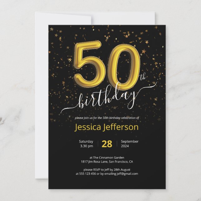 Confetti 50th Birthday Black Gold Balloon Modern Invitation (Front)