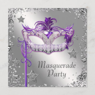 Confetti Argent Purple Masquerade Party Invitation