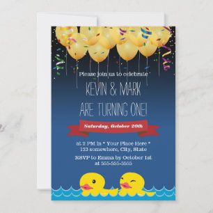 Confetti & Balloons & Duck Twins Birthday Invitation