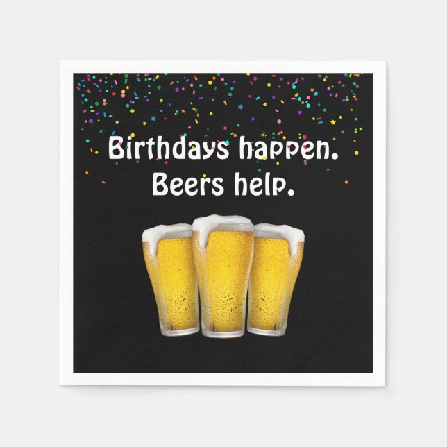 Confetti Birthday Beers on Black Napkins (Front)