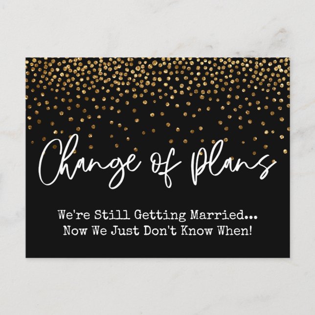 Confetti Black Change of Plans Postponed Wedding Postcard (Front)