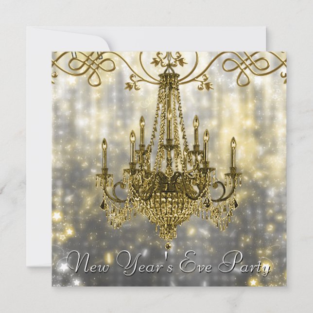 Confetti Black Gold Chandelier New Years Eve Invitation (Front)