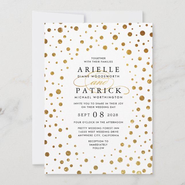 Confetti blanc et or Foil Mariage Invitations (Devant)