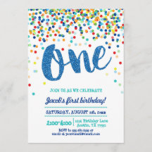 Confetti Blue Glitter First Birthday Invitation