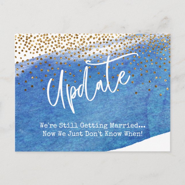 Confetti, Blue Watercolor Postponed Wedding Update Postcard (Front)
