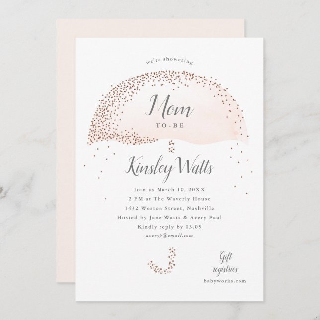 Confetti Blush Pink Glitter Umbrella Baby Shower Invitation (Front/Back)