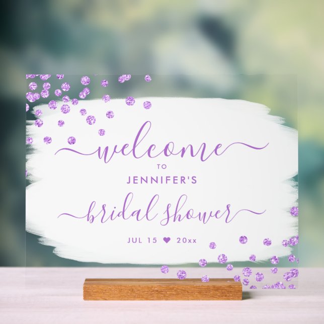 Confetti Bridal Shower Welcome Purple Paint  Acrylic Sign (Neutral)