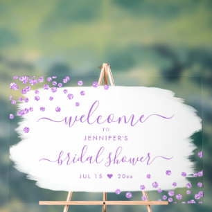 Confetti Bridal Shower Welcome Purple White Acrylic Sign