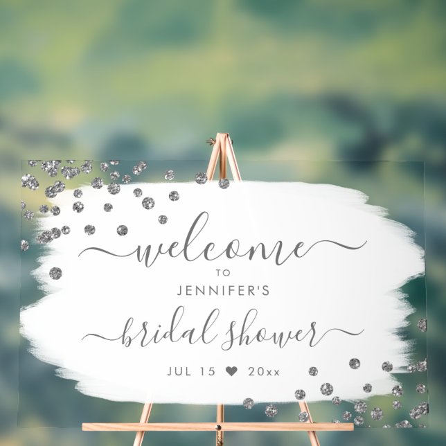 Confetti Bridal Shower Welcome Silver White  Acrylic Sign (Neutral)