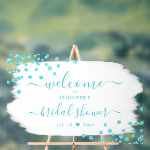 Confetti Bridal Shower Welcome Turquoise White Acrylic Sign